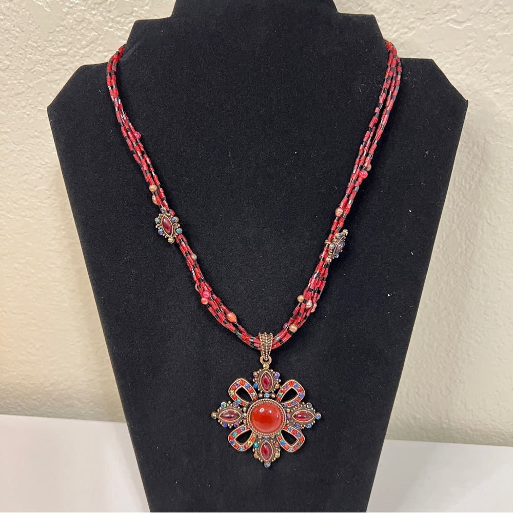 Elegant Red Beaded Necklace with Floral Pendant